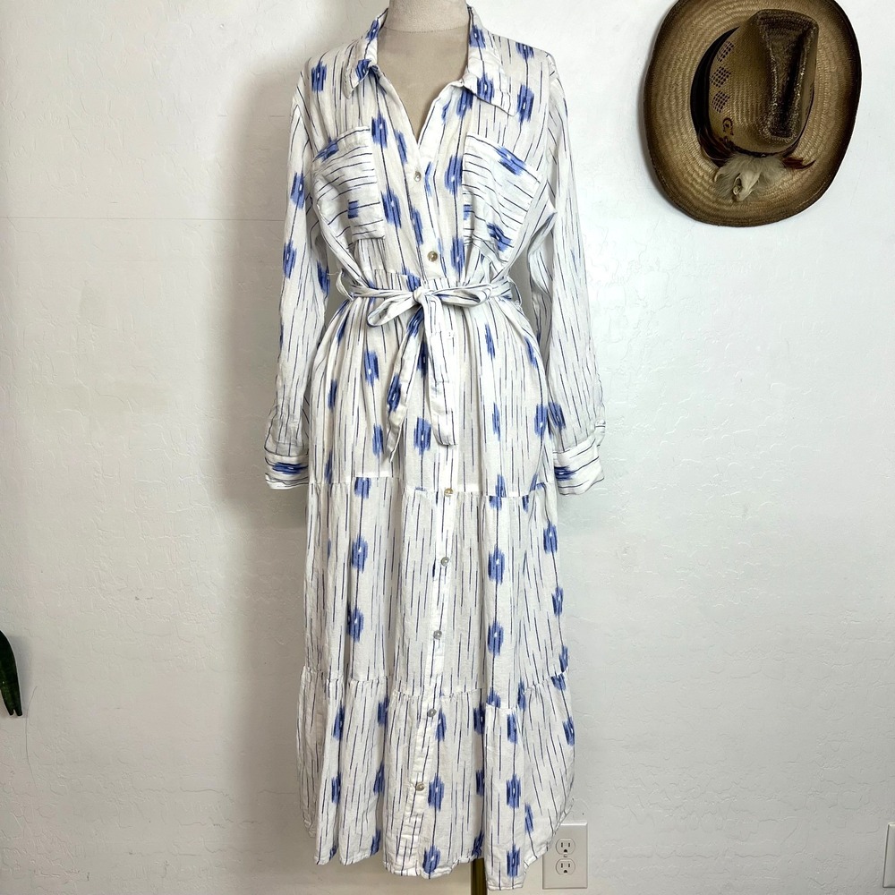 Falling Flower Blue Ikat Stripe Button Front Maxi Shirtdress Size M Roll-Tab